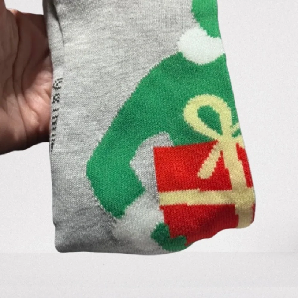 ELF Gray Socks with Festive Red and Green Design